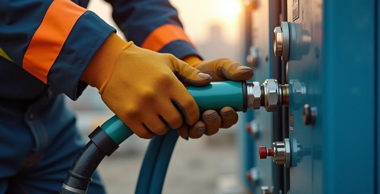 Close-up of technician's hands connecting modular hydrogen system components