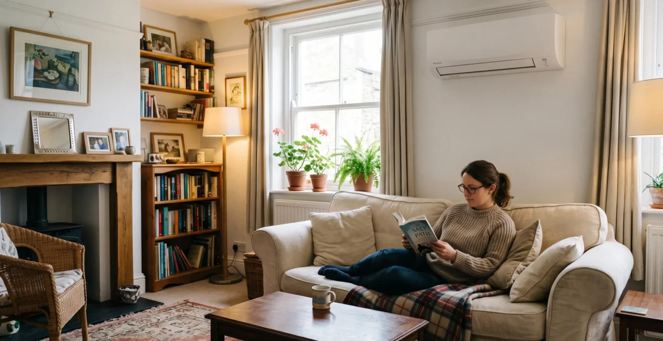 British living room with wall-mounted heat pump unit discreetly integrated while resident relaxes on sofa