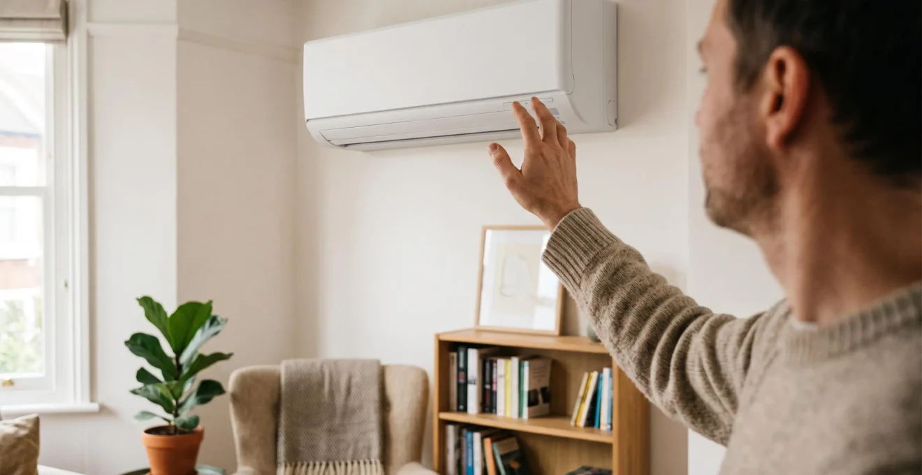 Homeowner's hand adjusting controls on a wall-mounted indoor heat pump unit in a British living room