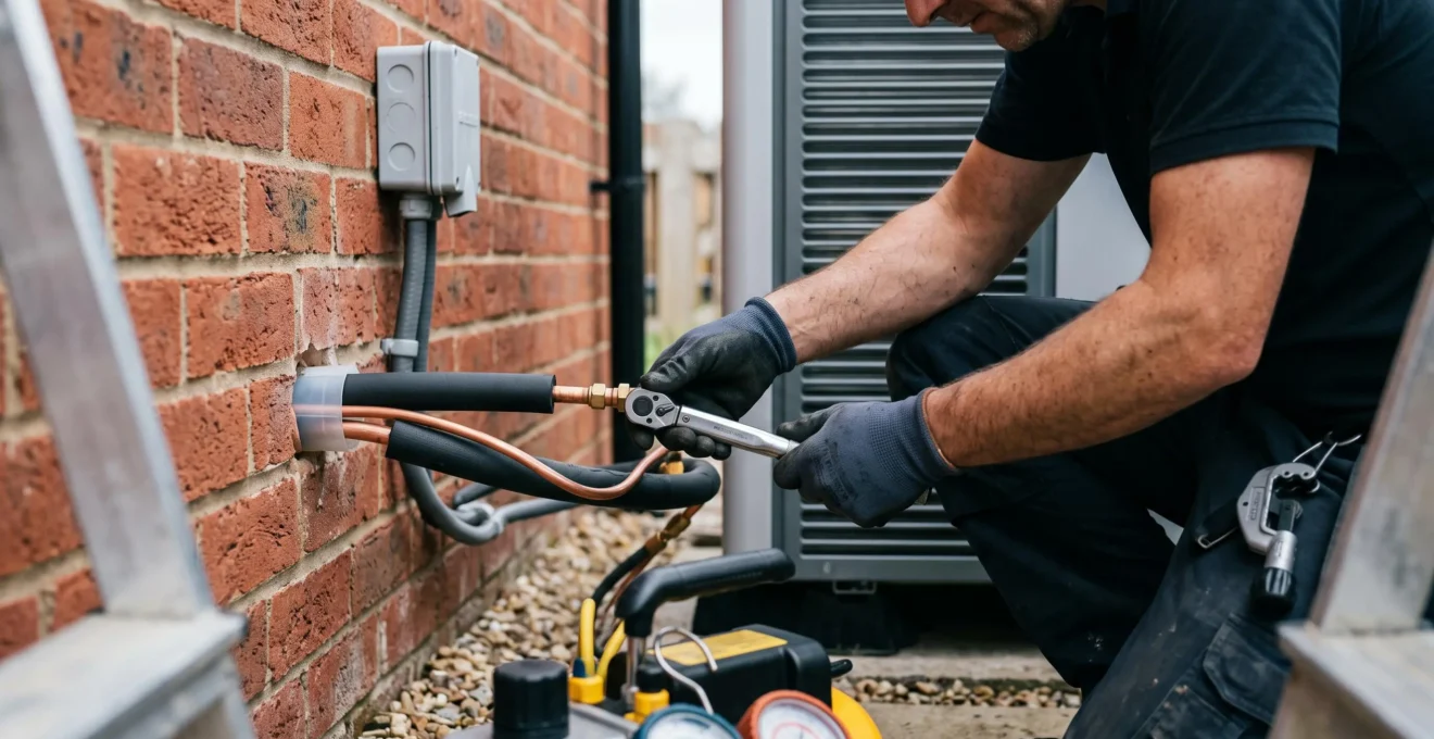 HVAC technician working on refrigerant line connections and wiring at the wall penetration point of a heat pump installation