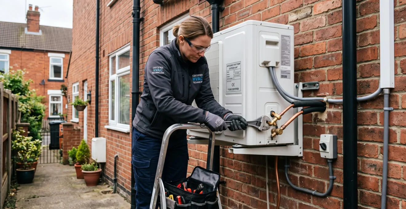 HVAC technician installing an outdoor air-source heat pump unit on the exterior brick wall of a British home