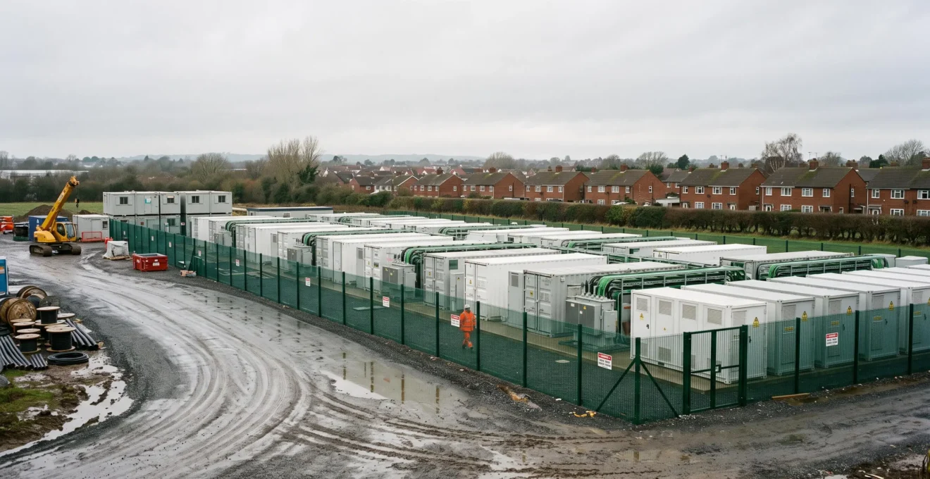 A grid-scale battery energy storage site with rows of container-sized units behind a fence, built at the edge of an industrial estate close to a residential neighbourhood.