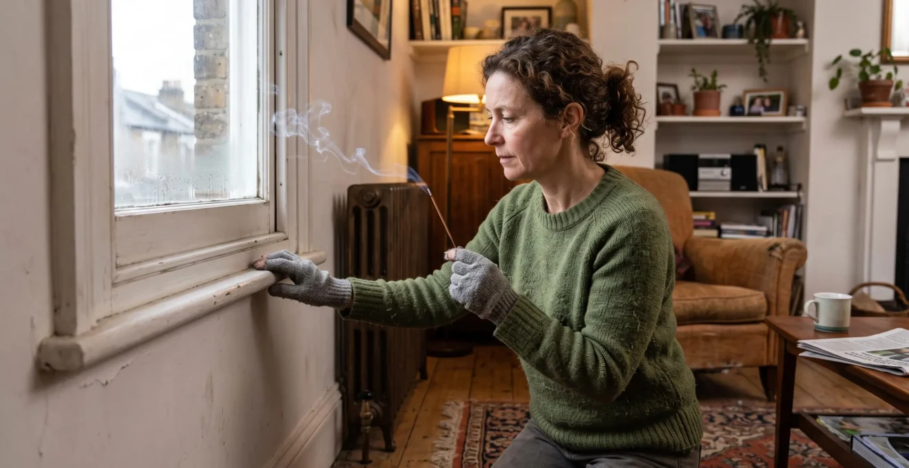 A homeowner kneeling by a window frame inside an older house, using the back of a hand and smoke from an incense stick to find draughts along the seal.