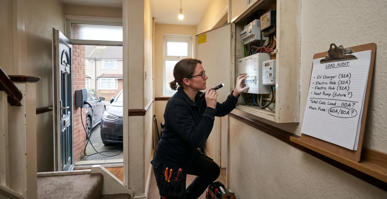 An electrician inspects a home consumer unit while an electric vehicle charges outside the front door, showing the strain electrification places on household electrical supply.