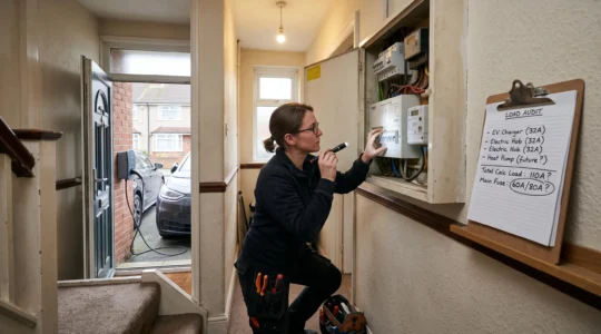 An electrician inspects a home consumer unit while an electric vehicle charges outside the front door, showing the strain electrification places on household electrical supply.