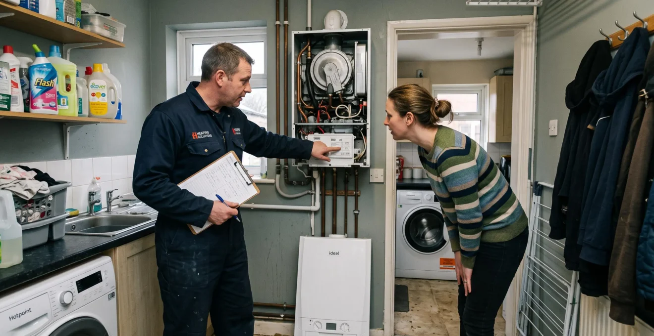 A heating engineer showing a homeowner the inside of a wall-mounted gas boiler in a British utility room.