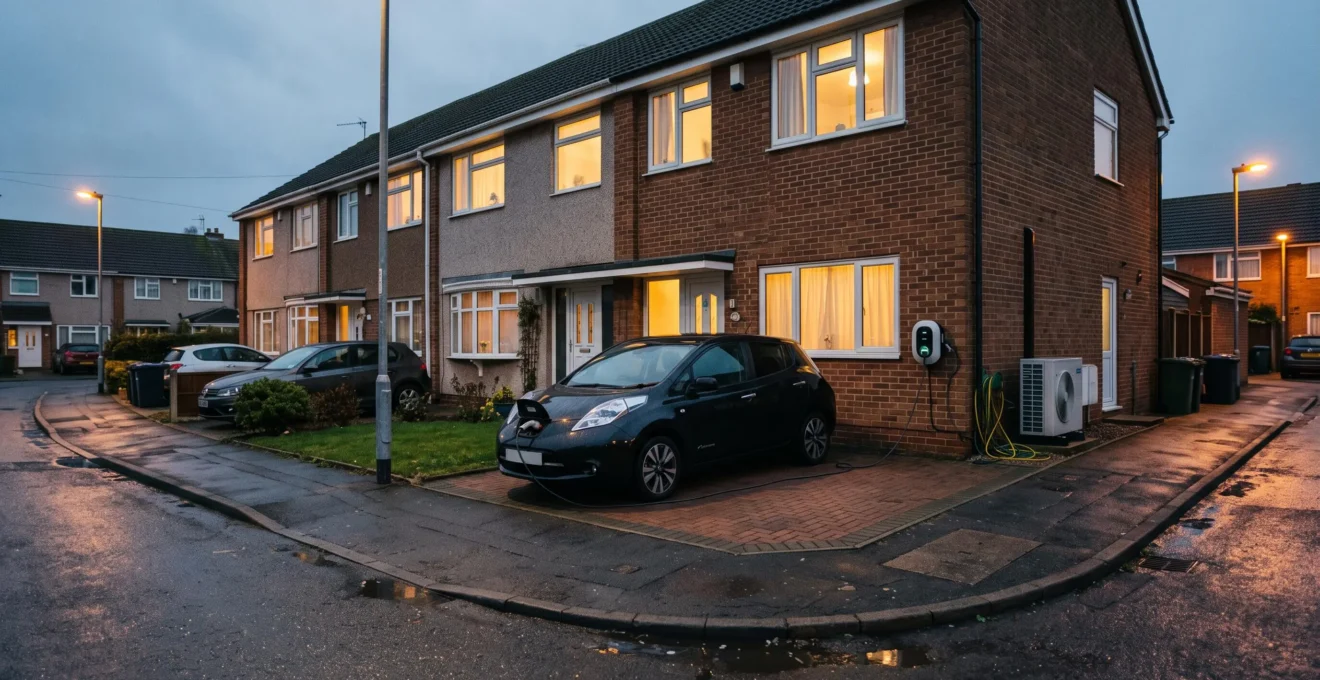 An electric car charging from a wall-mounted home charger on a residential driveway at dusk, with neighbouring houses lit in the background.