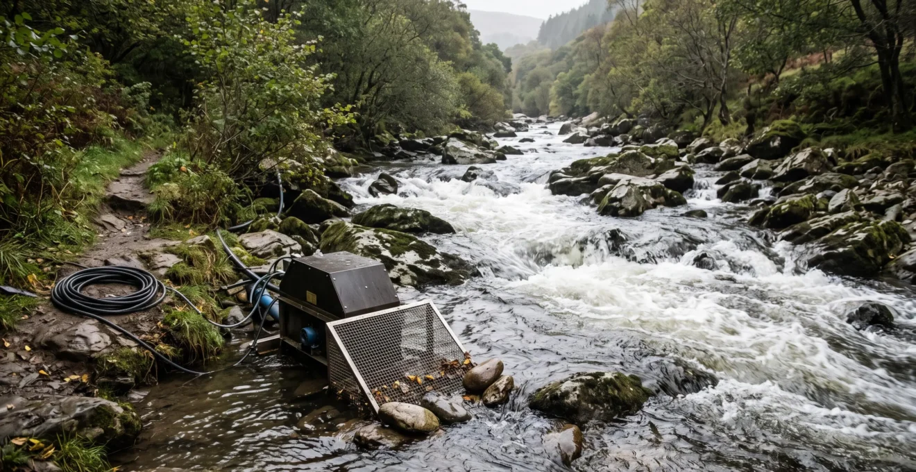 A fast-flowing rocky river with churning white water next to a small turbine unit partially installed at the bank