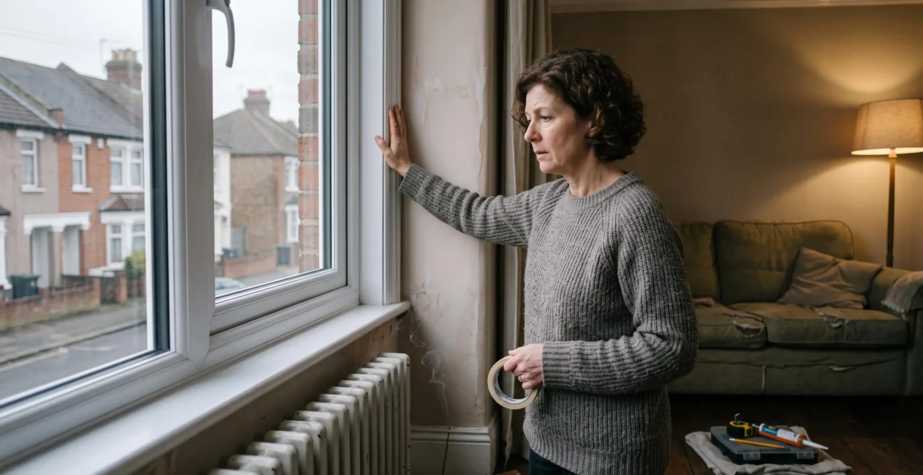 A homeowner holding the back of their hand against the edge of a new window frame to feel a cold draught in a British terraced house living room.