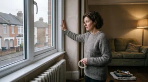 A homeowner holding the back of their hand against the edge of a new window frame to feel a cold draught in a British terraced house living room.