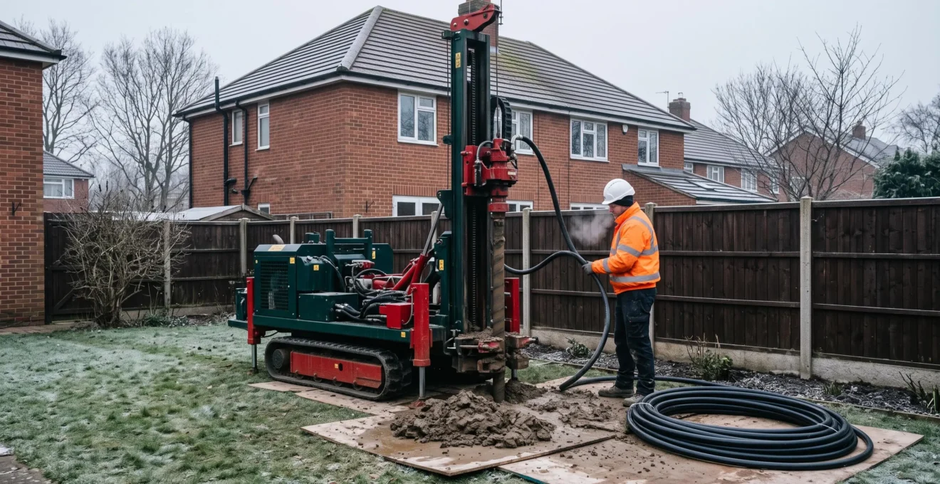 A drilling rig boring a geothermal borehole in the back garden of a British brick house on a frosty winter day while an operator guides the pipe.