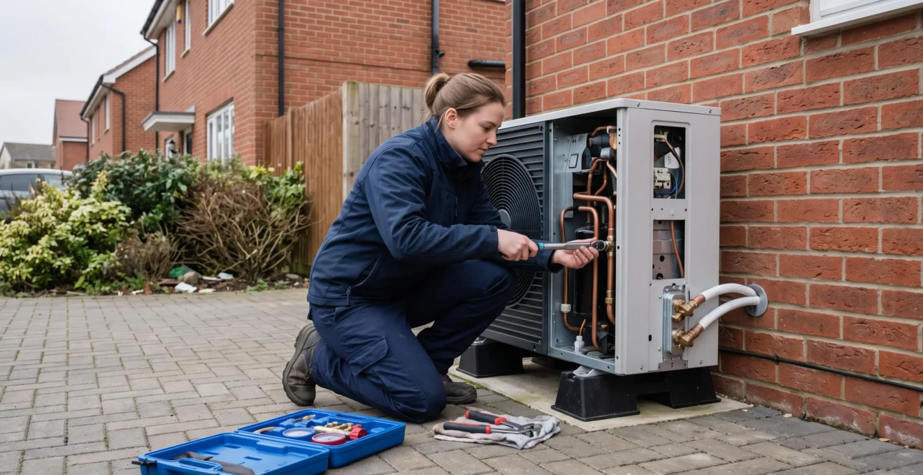 A heating engineer connects pipework on an air-source heat pump unit outside a brick house.