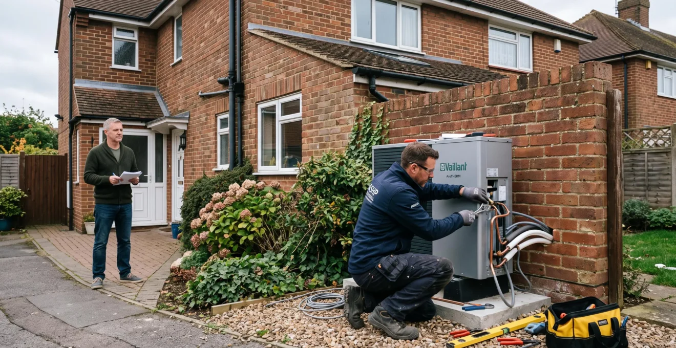 A heating engineer installs an air-source heat pump outside a British semi-detached house while the homeowner watches holding paperwork.