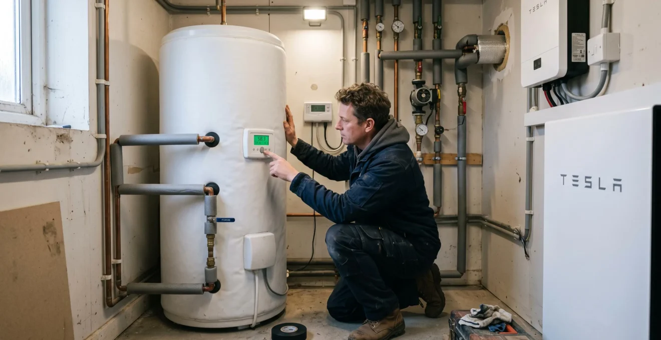 A heating engineer checks the temperature display on a hot water thermal store beside a home battery unit in a utility room.
