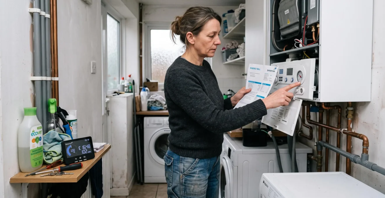 A homeowner checks the pressure gauge of a wall-mounted gas boiler in a utility room while holding a paper energy bill.