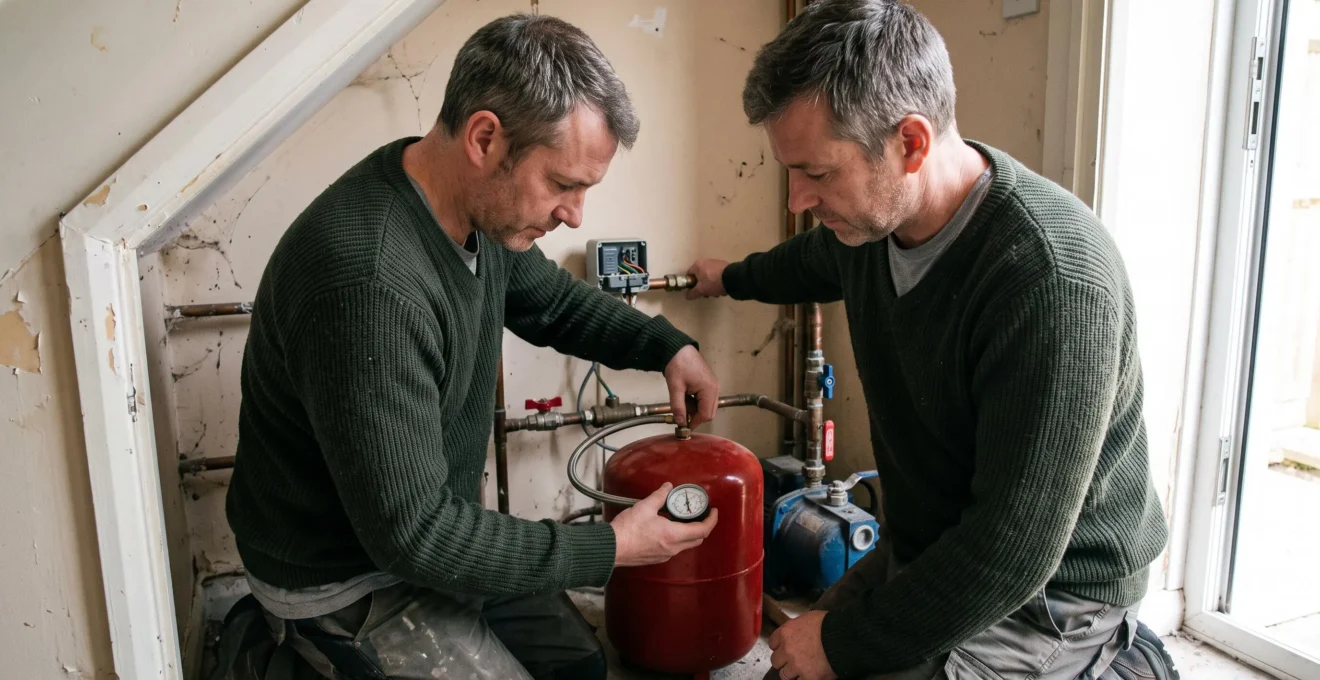 A homeowner checks the air pressure of a pressure vessel tank connected to a water pump in a domestic utility cupboard.