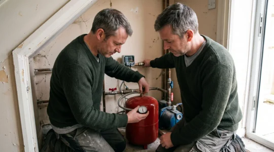 A homeowner checks the air pressure of a pressure vessel tank connected to a water pump in a domestic utility cupboard.