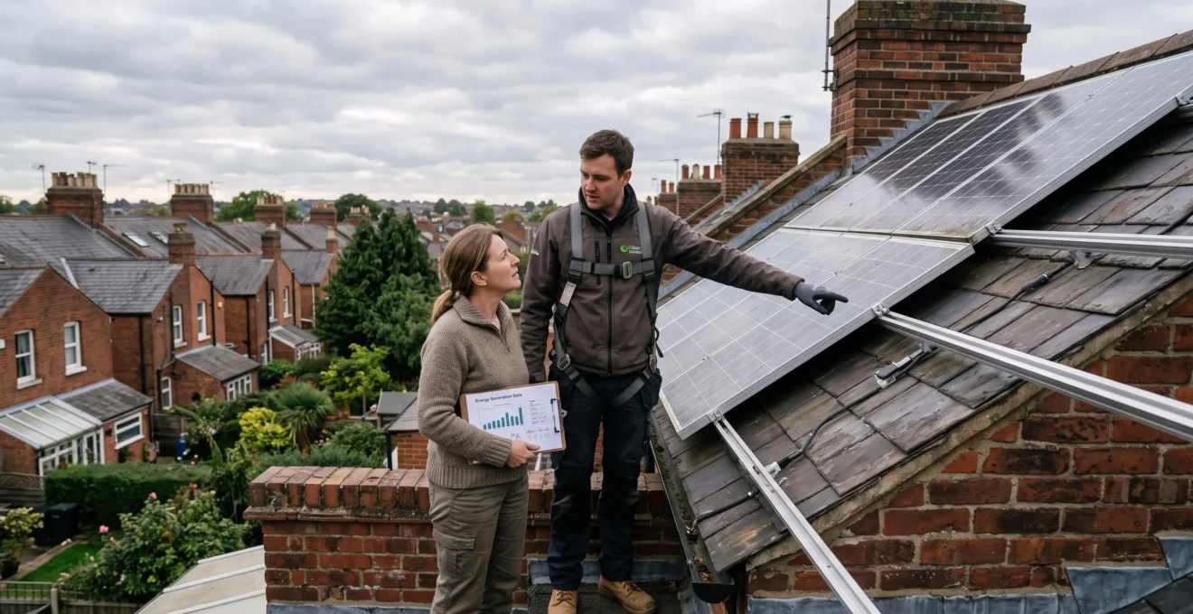 A homeowner and a solar installer on a British rooftop reviewing solar panels under an overcast sky while checking energy figures on a clipboard.