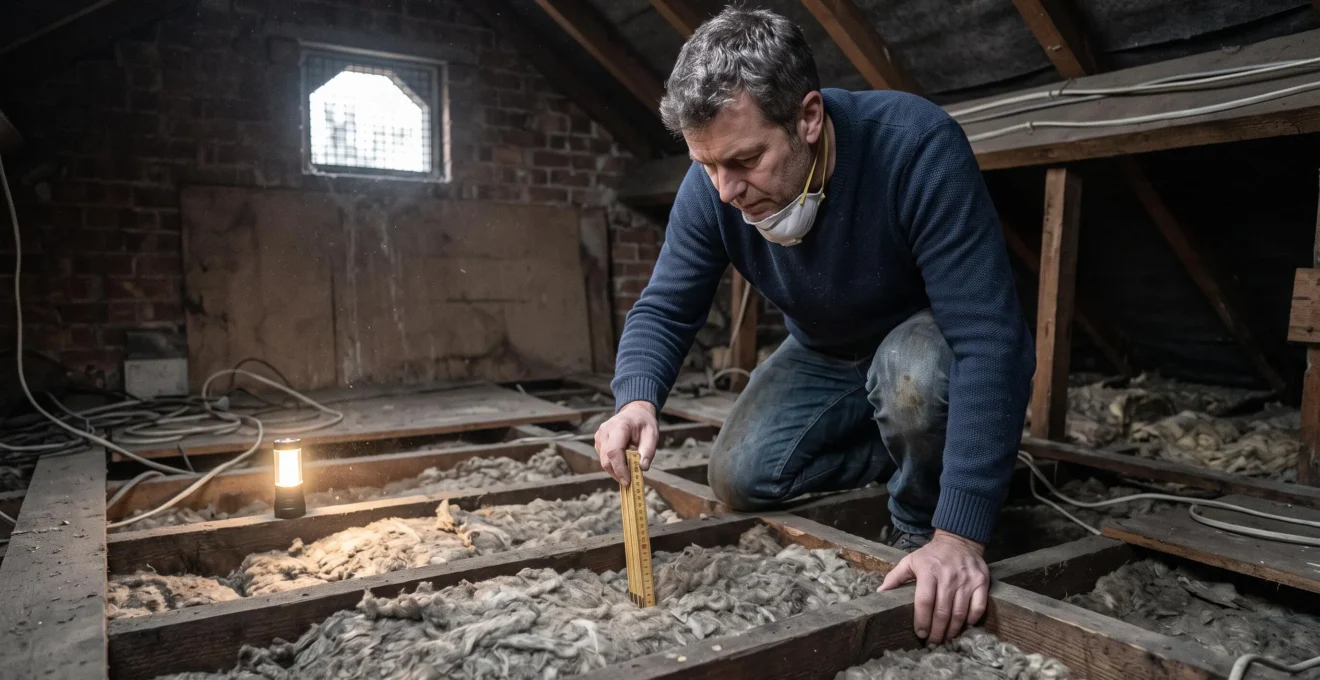 A homeowner kneels in a loft and measures insulation depth between joists with a ruler on a cold winter day.