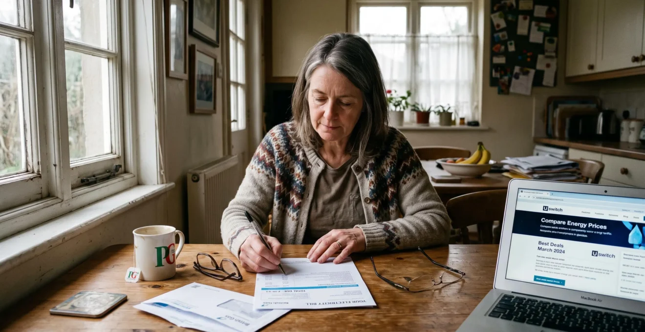 A homeowner at a kitchen table reading a printed energy bill with a pen in hand and a laptop open beside them.