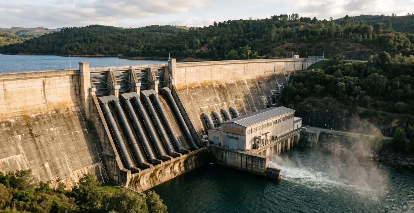 A hydroelectric dam with a high reservoir behind it and penstocks leading down to a powerhouse at its base, showing the height difference that generates electricity.