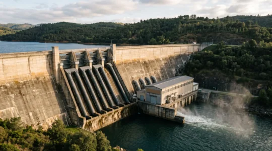 A hydroelectric dam with a high reservoir behind it and penstocks leading down to a powerhouse at its base, showing the height difference that generates electricity.
