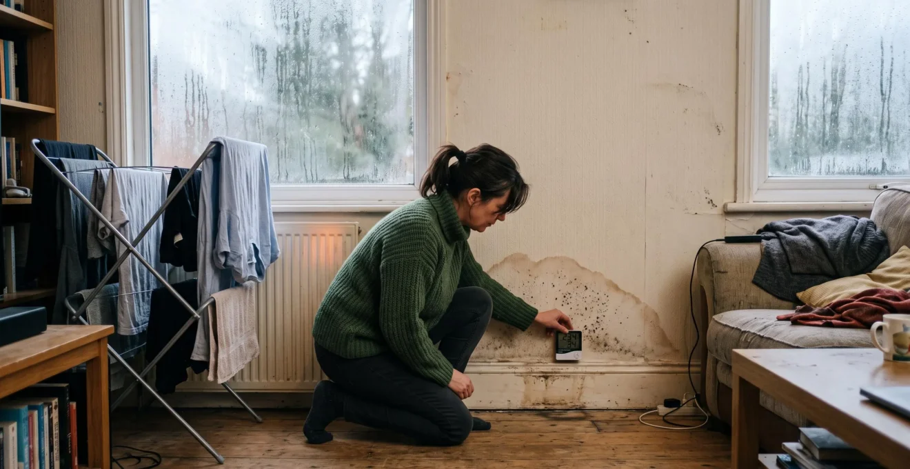 A homeowner uses a digital hygrometer against a damp ground-floor wall in a condensation-affected British living room.