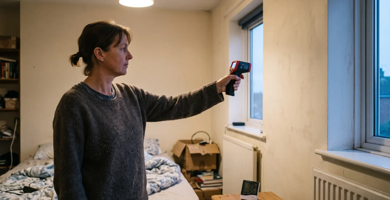 A homeowner uses an infrared thermometer to measure the temperature of a cold external wall in a bedroom in the evening.
