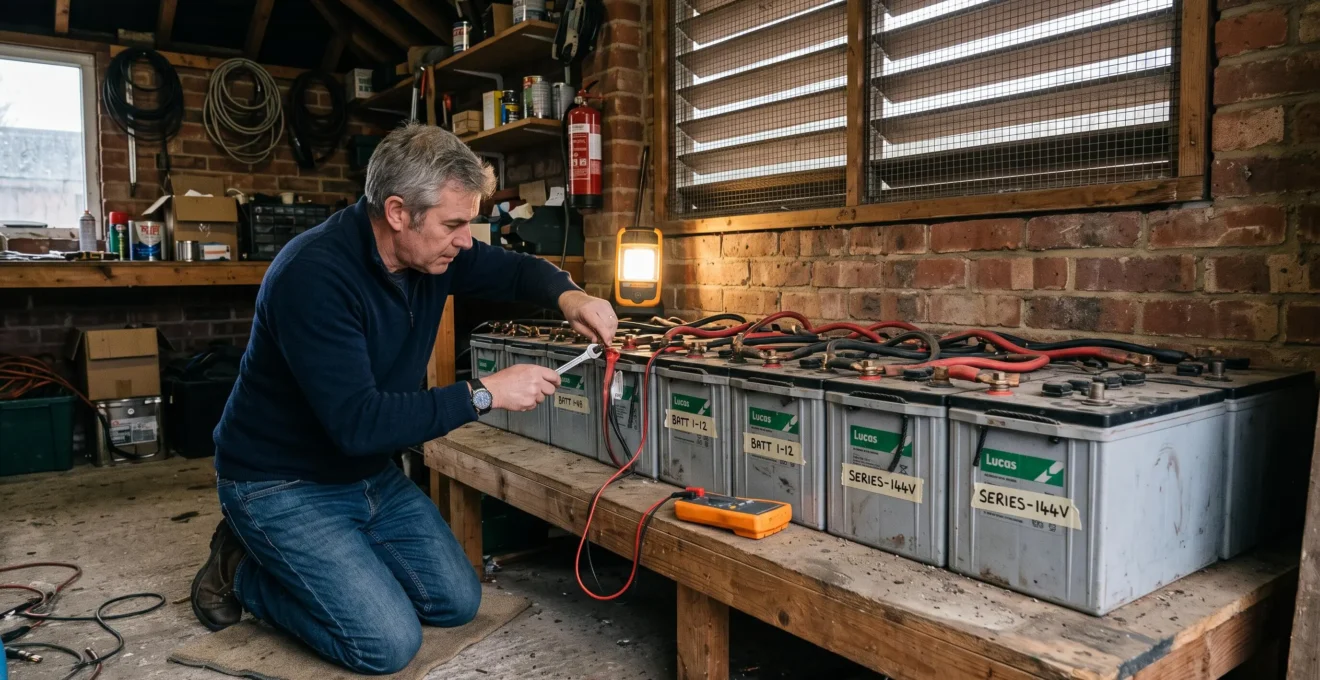 A homeowner inspects the thick cable terminals of a large lead-acid battery bank installed on a wooden shelf in a garage.