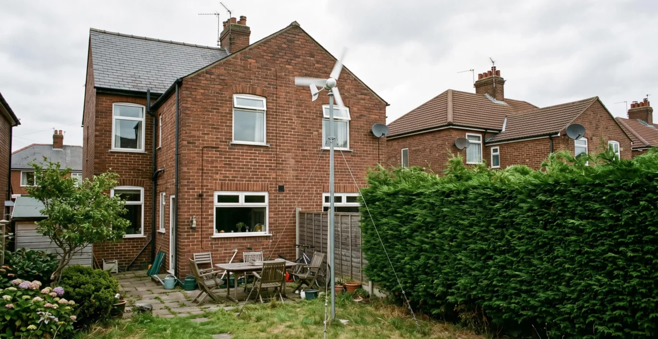 A small domestic wind turbine on a short mast in a compact garden close to a two-storey house and neighbouring rooftops.