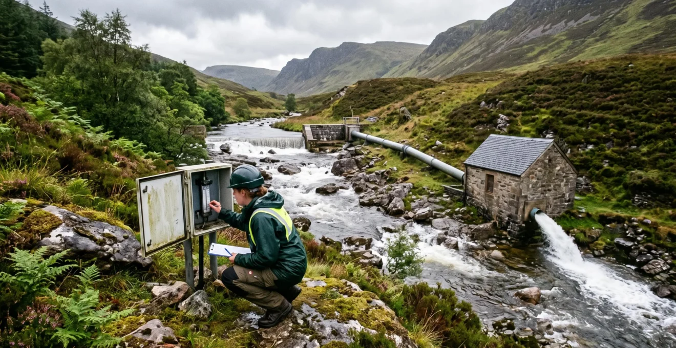 A technician inspects the outflow of a small run-of-river hydropower plant on an upland stream beside a turbine house.