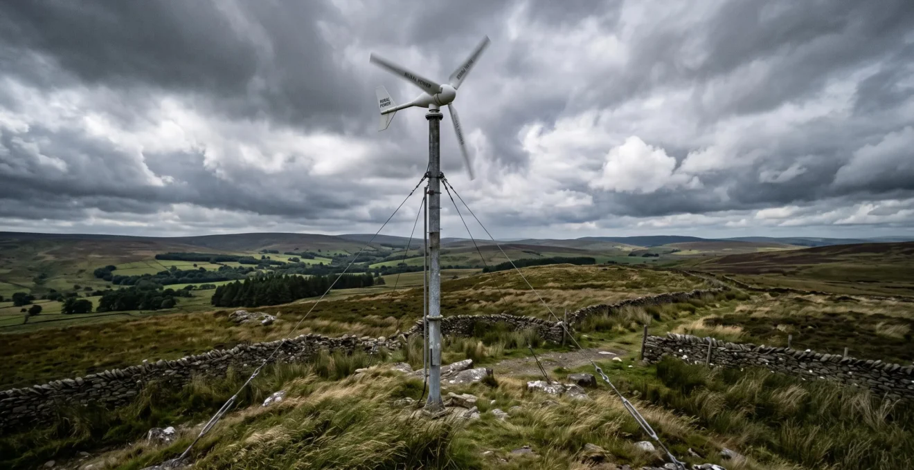 A small domestic wind turbine on a tall mast in an exposed hilltop field with windswept grass and overcast skies.