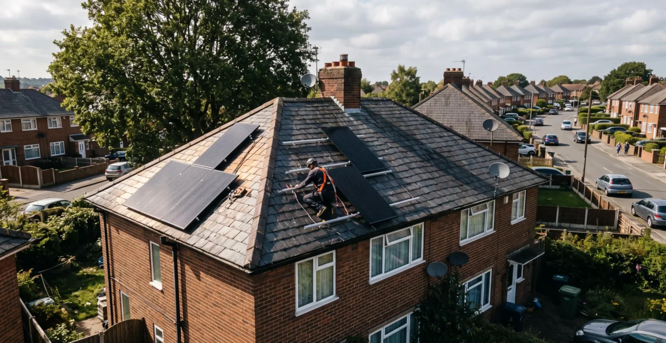 A solar installer kneels on a British slate roof where panels are catching sunlight only after 11am while part of the roof stays in shadow cast by a tree.