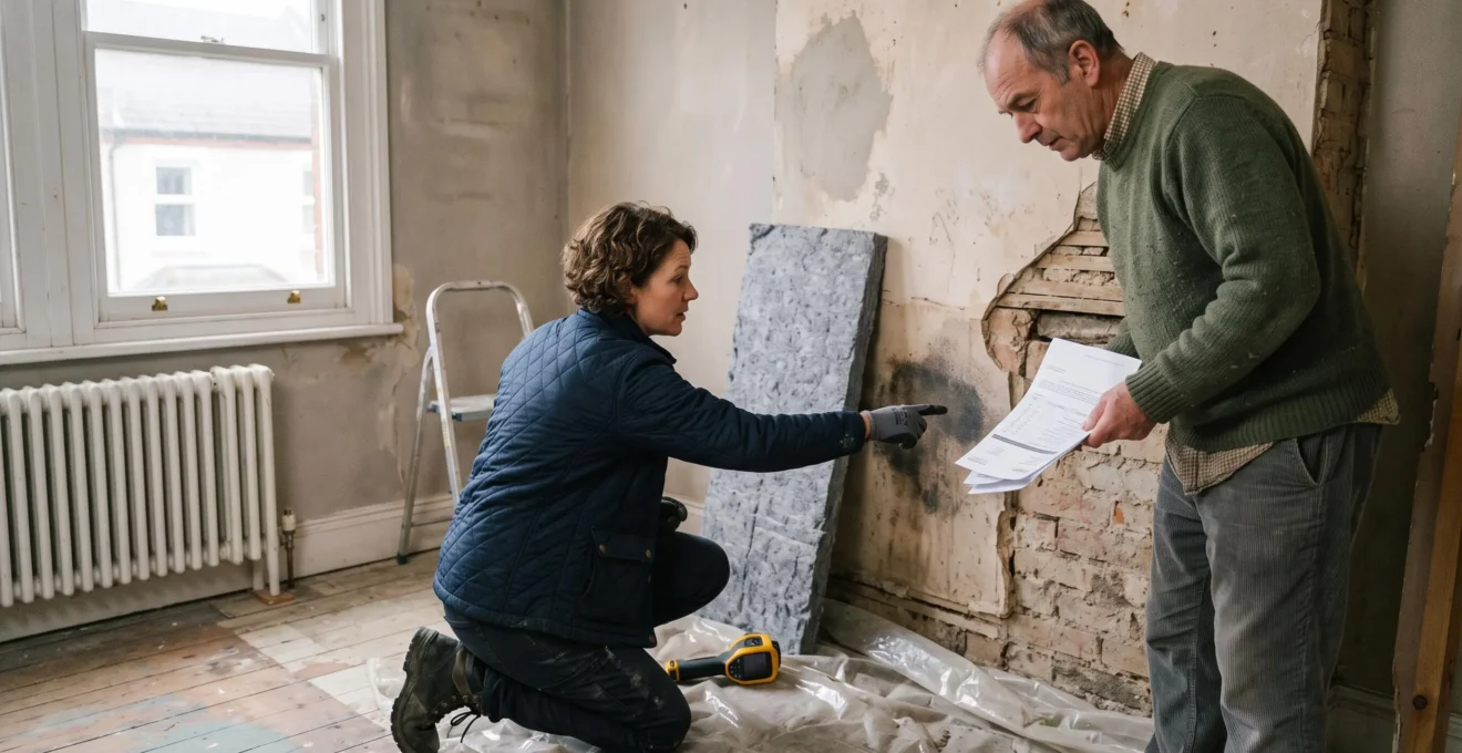 A surveyor points at a damp section of an exposed wall while a homeowner holds a printed quote during an energy renovation assessment.