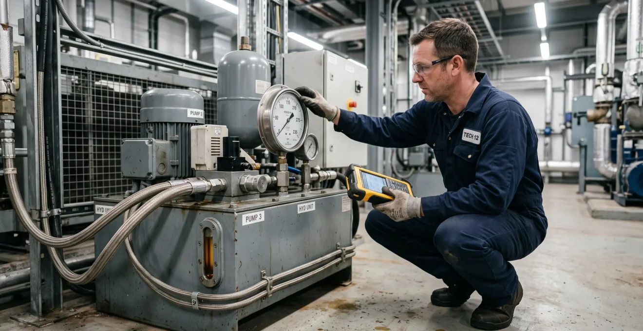 A technician checks the pressure gauge on a hydraulic power unit equipped with hoses and an accumulator.