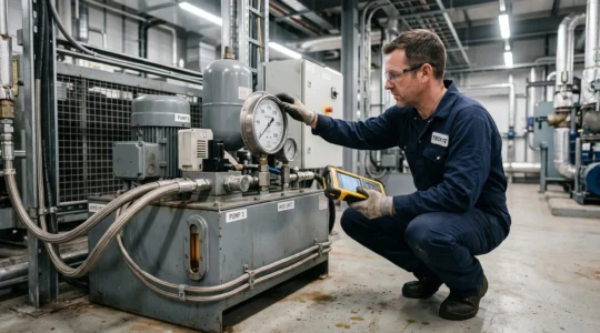 A technician checks the pressure gauge on a hydraulic power unit equipped with hoses and an accumulator.