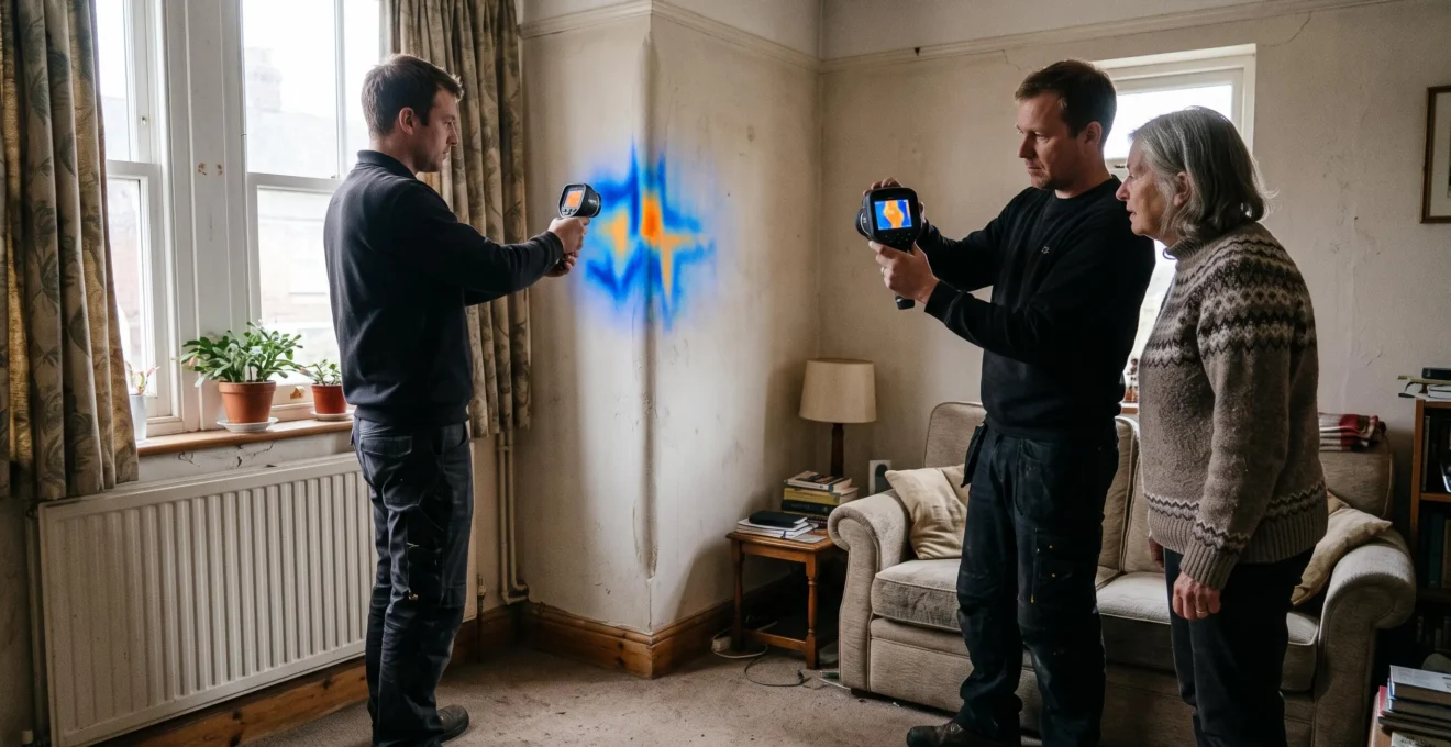 A heating engineer uses a thermal imaging camera on the wall of a British living room while a homeowner watches