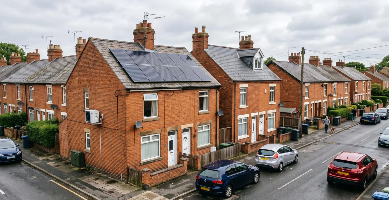 A row of British terraced houses where one rooftop has solar panels and a wall-mounted heat pump while neighbouring roofs remain bare.