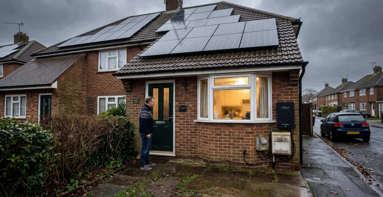 A British semi-detached house with rooftop solar panels and a wall-mounted battery on a grey winter afternoon, a homeowner checking an energy display by the front door.