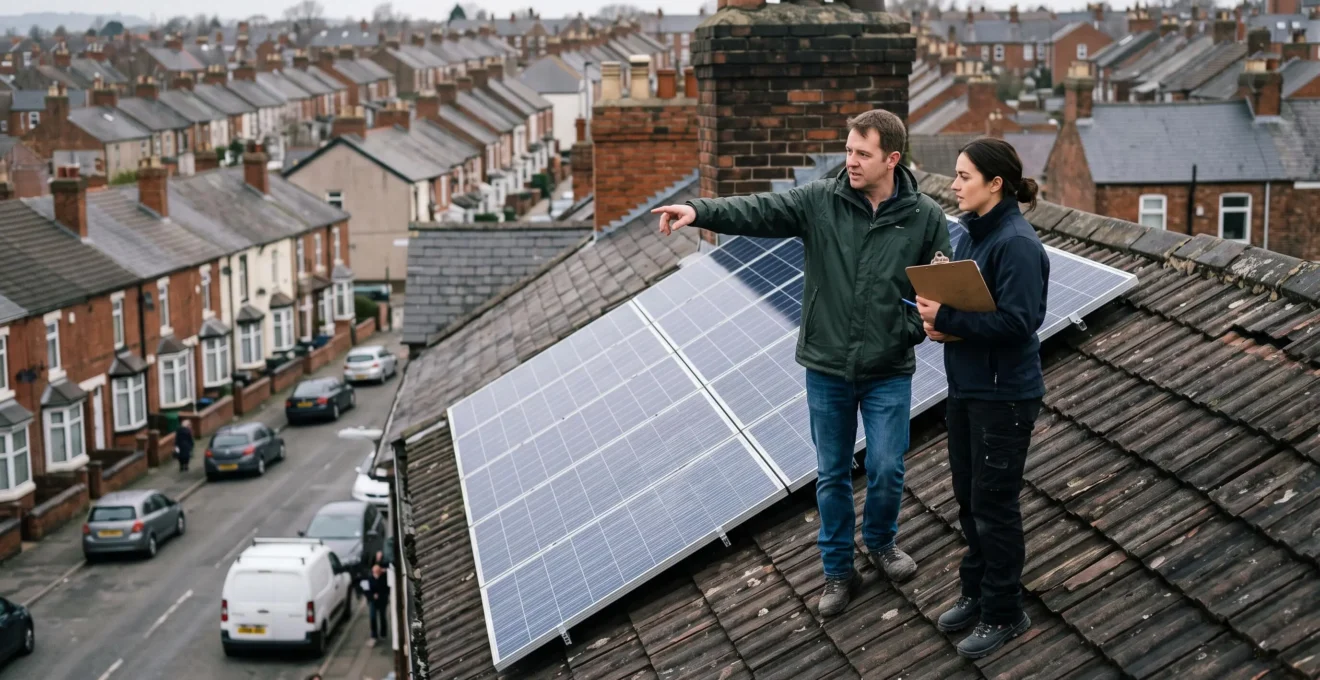 A homeowner and an installer on a British tiled roof inspecting newly mounted solar panels near a chimney, under an overcast sky.