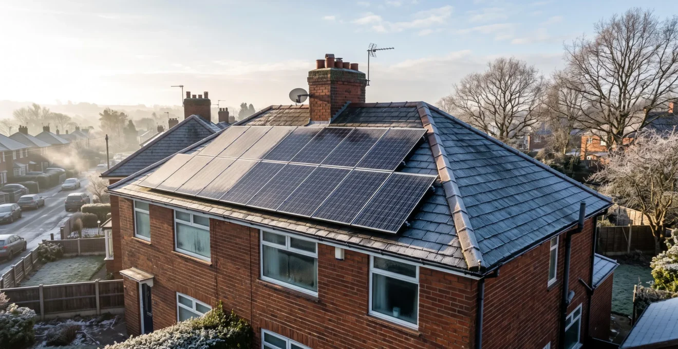 Frost-edged solar panels on a British suburban roof under a bright sky with the winter sun sitting low on the horizon.