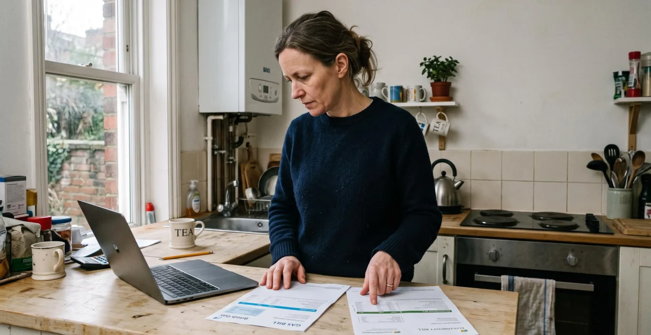 A woman compares her gas and electricity bills at a kitchen counter next to a laptop, with a wall-mounted boiler visible behind her.