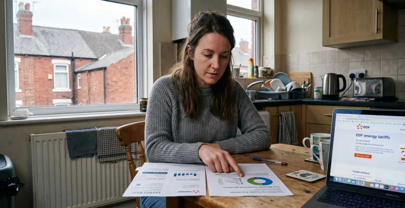 A woman at a kitchen table compares an energy bill with a printed fuel-mix disclosure while checking tariff options on a laptop.