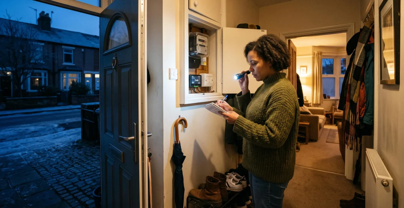 A woman records an electricity meter reading in the hallway of a terraced house on a winter evening while the living room glows warmly behind her.